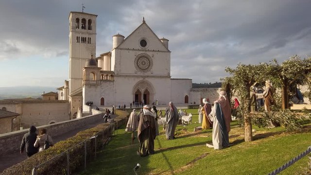 Christmas in Assisi, Saint Francis Basilica with the Christmas Crib. Province of Perugia, Umbria, Italy.