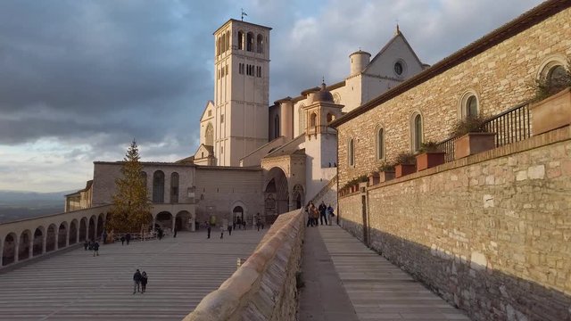 Christmas in Assisi, Saint Francis Basilica with the Christmas Tree illuminated. Province of Perugia, Umbria, Italy.