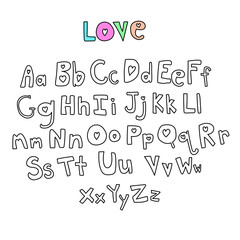 Doodle of alphabet or font like kids with heart hand drawing in black and white can use for coloring. Capital letter. Love theme for valentines day, holiday