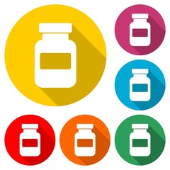 Medicine bottle and pills icon isolated with long shadow