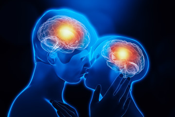 Man and woman couple kissing body chemistry. Brain activity in the limbic system. Love, emotion, interaction, partnership, neuroscience, psychology, science conceptual 3d rendering illustration.