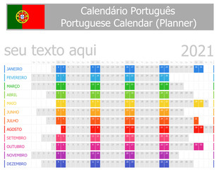 2021 Portuguese Planner Calendar with Horizontal Months on white background