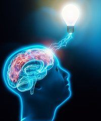 Obraz premium Human male profile head looking up with brain connected to a lightbulb with lightnings. Brain activity, intelligence, imagination, idea, neuroscience, creativity conceptual 3d rendering illustration.