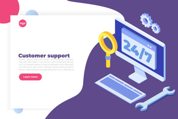 Support or call center 24/7 concept.   Web page or banner design templates.  24 hours open customer service. Vector illustration Isometric.