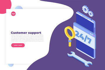 Support or call center 24/7 concept.   Web page or banner design templates.  24 hours open customer service. Vector illustration Isometric.