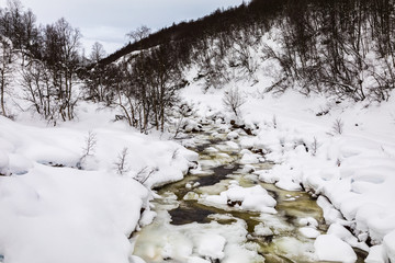 A streaming winter river in the mountains of Setesdal, Norway. River is surrounded by trees, snow and ice