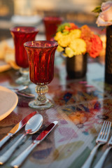 Los Cabos, Mexico - Oct 2019 Tableware are the dishware used for setting a table, serving food and dining. Including cutlery, glassware, serving dishes and items for practical or decorative purposes