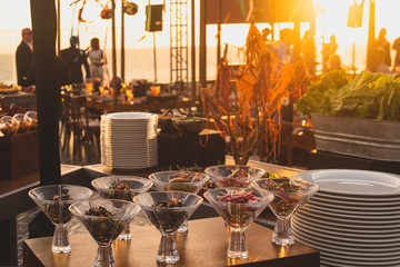 Los Cabos, Mexico - Oct 2019 Tableware are the dishware used for setting a table, serving food and dining. Including cutlery, glassware, serving dishes and items for practical or decorative purposes