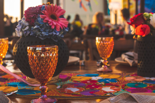 Los Cabos, Mexico - Oct 2019 A centrepiece is a central object which serves a decorative purpose, often made from flowers, candles, or fruit, are a major part of the decoration for a wedding reception