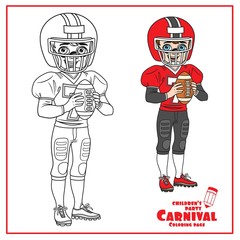 Cute boy in an American football suit with a ball in his hands color and outlined for coloring page