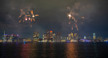 Boston 2020 New Year's Eve Midnight Harbor Fireworks in Boston, Massachusetts MA, USA.