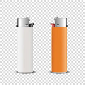 Vector 3d Realistic White and Orange Blank Cigarette Lighter Icon Set Closeup Isolated on Transparent Background. Design Template for Advertising, Mockup, Corporate Identity. Front View