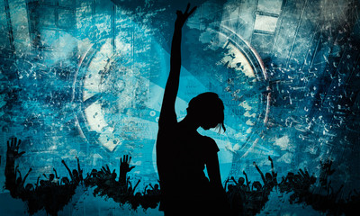 Crowd with raised hands at concert. Music festival