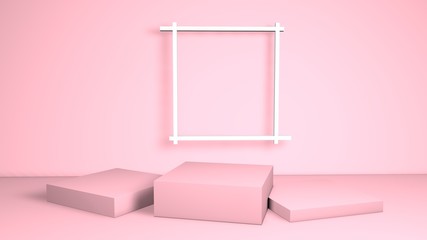 pink abstract catwalk with white frame on the wall and reflective shadows 3D render