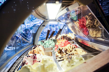 Looking out from the inside of a gelato freezer.