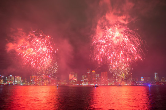 Boston 2020 New Year's Eve Midnight Harbor Fireworks In Boston, Massachusetts MA, USA.