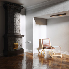 Vintage fireplace in white interior 3d render