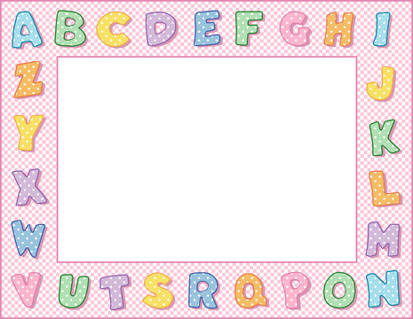 Alphabet Frame, Pink Gingham Check Border, pastel polka dot alphabet, space to customize with text and pictures for baby books, announcements, posters, daycare, nursery school, kindergarten. 