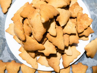 baked Christmas tree-shaped cookies on white plate