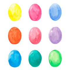 Set of watercolor easter eggs on a white background. Multicolored oval hand drawn holiday eggs in vector