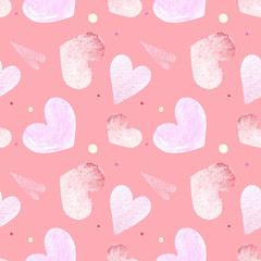 Seamless pattern with hearts on pink background Watercolor illustration. Valentines day