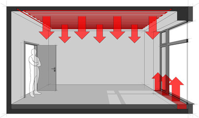 3d illustration of  empty room with door and tall french window and standing man in the opened door and ceiling heating and floor convector for heating in front of window