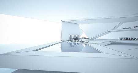 Abstract drawing architectural white interior of a minimalist house with swimming pool and large window. 3D illustration and rendering.