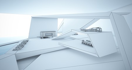 Abstract drawing architectural white interior of a minimalist house with swimming pool and large window. 3D illustration and rendering.