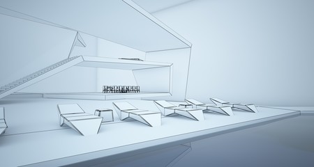 Abstract drawing architectural white interior of a minimalist house with swimming pool and large window. 3D illustration and rendering.