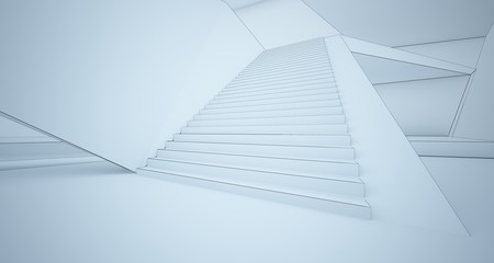 Abstract drawing architectural white interior of a minimalist house with swimming pool and large window. 3D illustration and rendering.