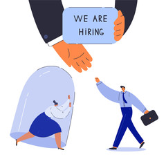 Gender inequality in employment concept.We re hiring text lettering.Tiny young woman under bell glass.Man is hired.Sexism.Cartoon characters isolated on white background.Flat color vector illustration