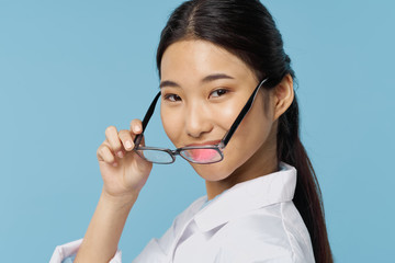 young woman with headset isolated on white