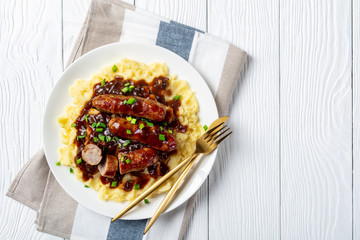 Bangers and Mash with Onion Gravy, flatlay