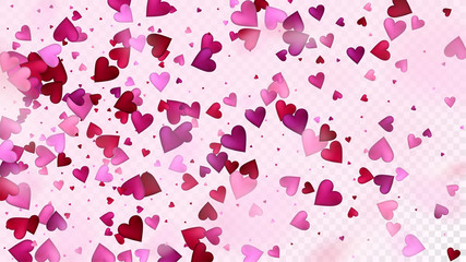 Flying Hearts Vector Confetti. Valentines Day Romantic Pattern. Beautiful Pink Scatter Valentines Day Decoration with Falling Down Hearts Confetti. Trendy Gift, Birthday Card, Poster Background