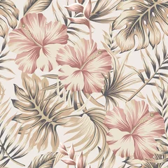 Tapeten Botanischer Druck Tropische Vintage Hibiskusblüte, Palmblätter floral nahtlose Muster Elfenbein Hintergrund. Exotische Dschungeltapete.