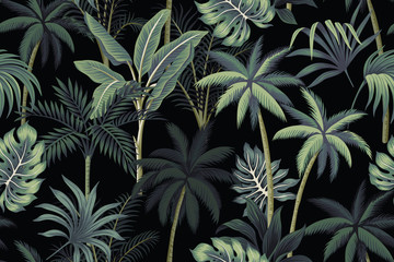 Tropical night vintage palm tree, banana tree and palm leaves floral seamless pattern black background. Exotic dark jungle wallpaper.