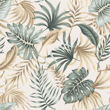 Tropical floral foliage palm leaves seamless pattern beige background. Exotic jungle wallpaper.