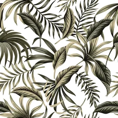Gordijnen Tropische bloemen gebladerte donker groene palm laat naadloze patroon witte achtergrond. Exotisch junglebehang. © good_mood