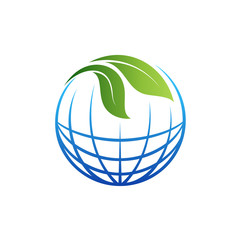 environmental care logo, earth day logo template, world/earth with leaf vector illustration, green globe and clean symbols, friendly product labels