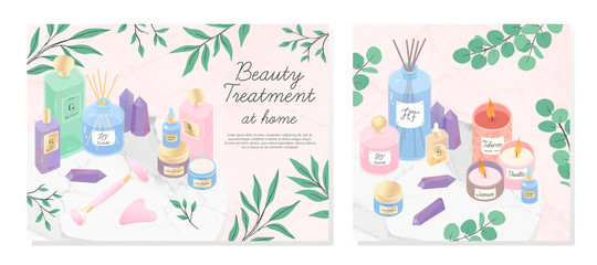 Vector set of skincare cosmetic products,creams, serum,oil,amethyst crystals,candles,diffuser,eucalyptus on a decorative marble tray.Skin care,aromatherapy,spa and wellness concept.Beauty treatment.