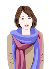 カラフルなマフラーを巻く若い女性