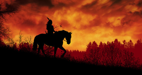 Indian of America on horseback at sunset © ginettigino
