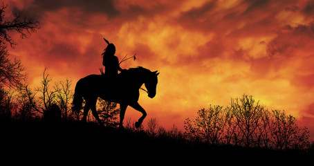 Indian of America on horseback at sunset © ginettigino