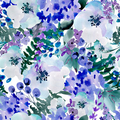 Naklejka na ściany i meble Summer Blue Watercolor Floral Seamless Pattern, Wedding bouquet, Hydrangea