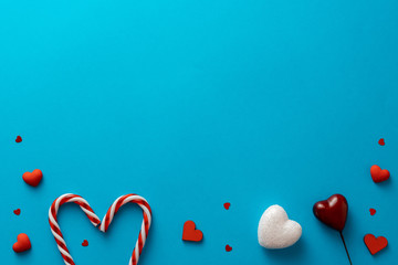 valentines day love Flat lay background, hearts, candies.