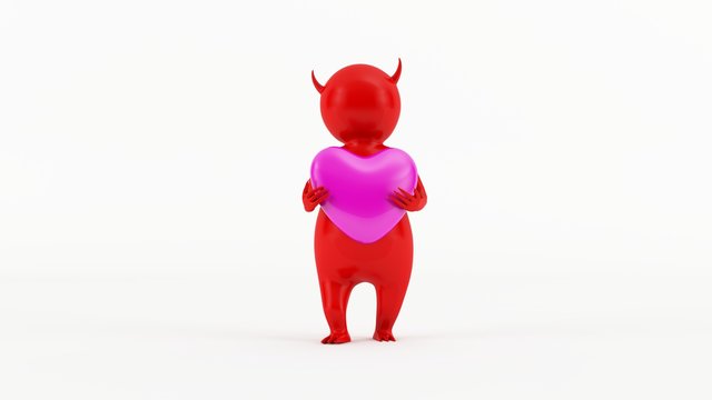 3D character - Little Red Devil holding a giant pink heart