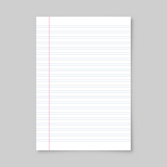 Realistic blank lined paper sheet with shadow in A4 format isolated on gray background. Notebook or book page. Design template or mockup. Vector illustration.