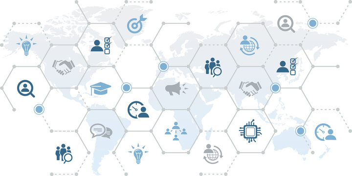 Human Resources Icon Concept: Worldwide Recruitment / Gig Economy / Hr Analytics & Hr Strategy – Vector Illustration