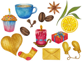 SSet of watercolor hand drawn decorative elements for the holiday. Bright illustrations of a knitted heart, candle, present, twig, coffee, seasonal spices, muffin etc.