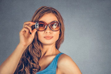 Closeup portrait head shot sexy woman with sunglasses